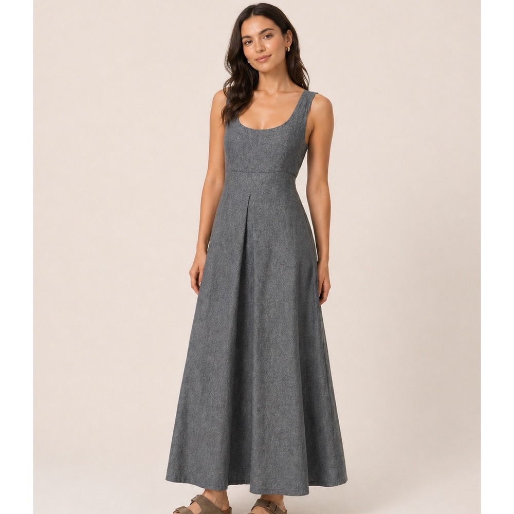 Bel Kazan Janie Grey Chambray Rayon Cross Back Maxi Lagenlook Granola Dress Sz L